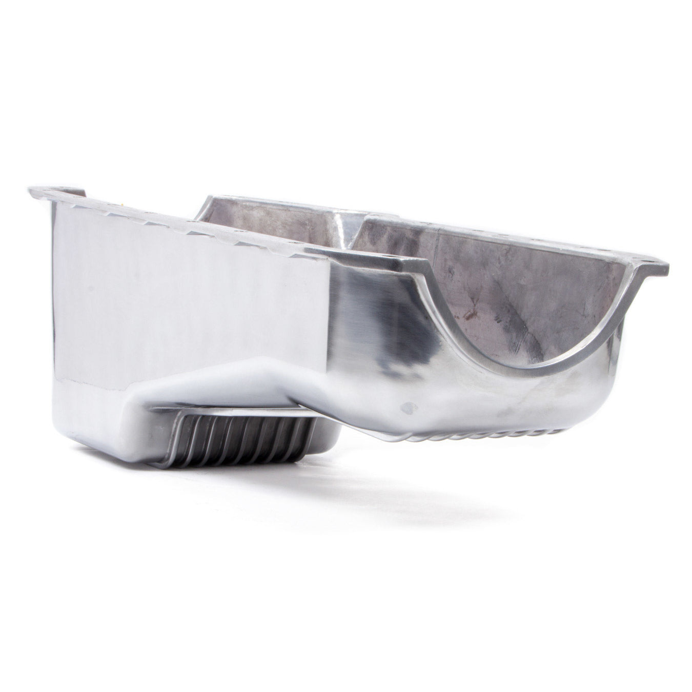 Racing Power Rear Sump Oil Pan - 4 Quart - Stock Depth - Polished Aluminum - 2 Piece Seal - Small Block Chevy R8442