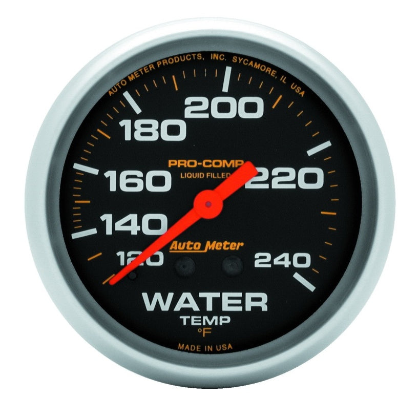 Auto Meter Pro-Comp 120-240 Degree F Water Temperature Gauge - Mechanical - Analog - Full Sweep - 2-5/8 in Diameter - Liquid Filled - Black Face 5433