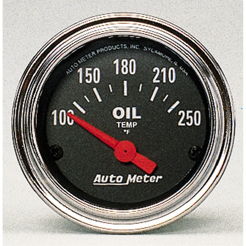 Auto Meter Traditional Chrome 100-250 Degree F Oil Temperature Gauge - Electric - Analog - Short Sweep - 2-1/16 in Diameter - Black Face