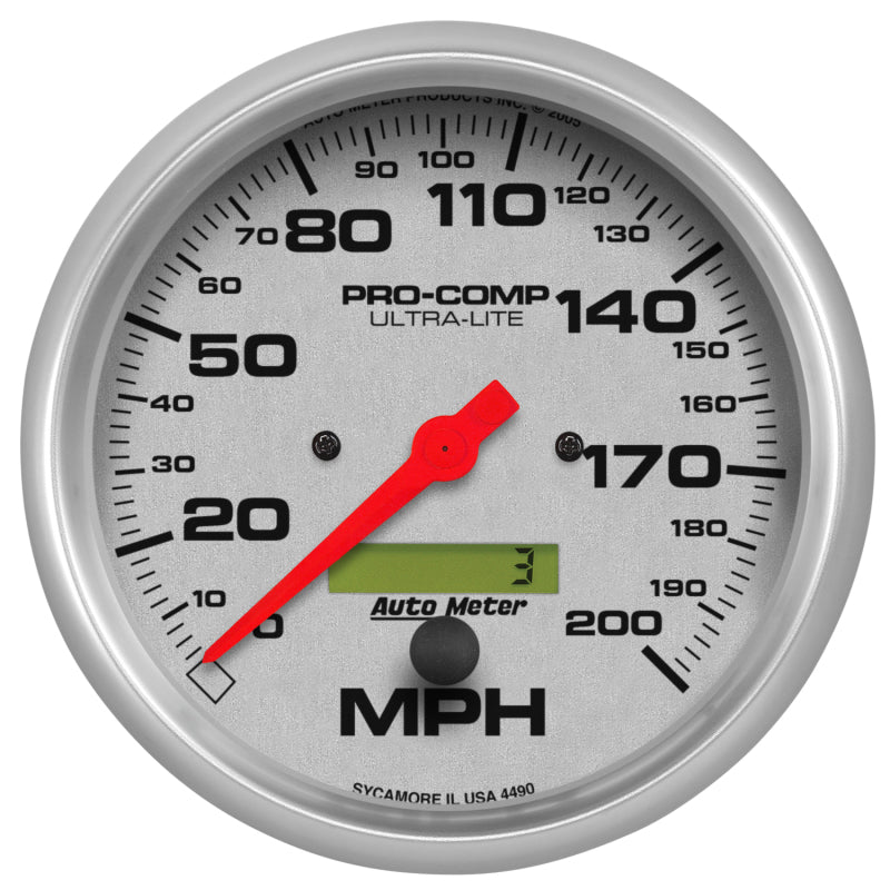 Auto Meter Ultra-Lite 200 MPH Speedometer - Electric - Analog - 5 in Diameter - Programmable - Silver Face