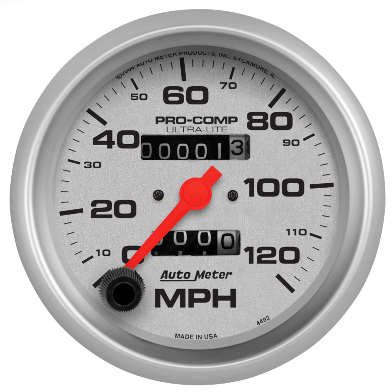 Auto Meter Ultra-Lite 120 MPH Speedometer - Mechanical - Analog - 3-3/8 in Diameter - Silver Face