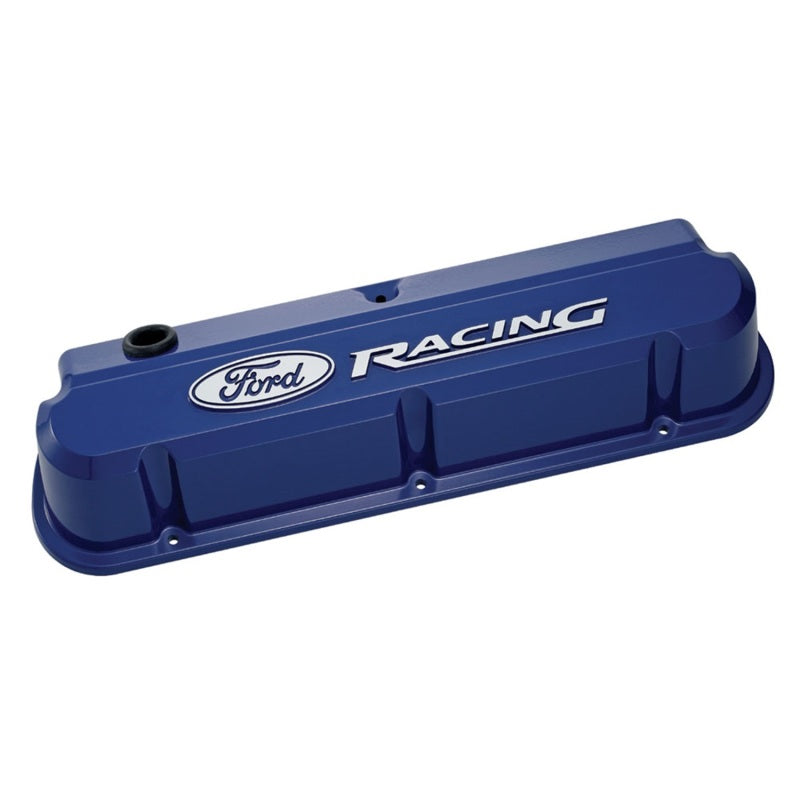 Ford Racing Slant-Edge Tall Valve Cover - Baffled - Breather Hole - Raised Ford Racing Logo - Blue - Small Block Ford (Pair)