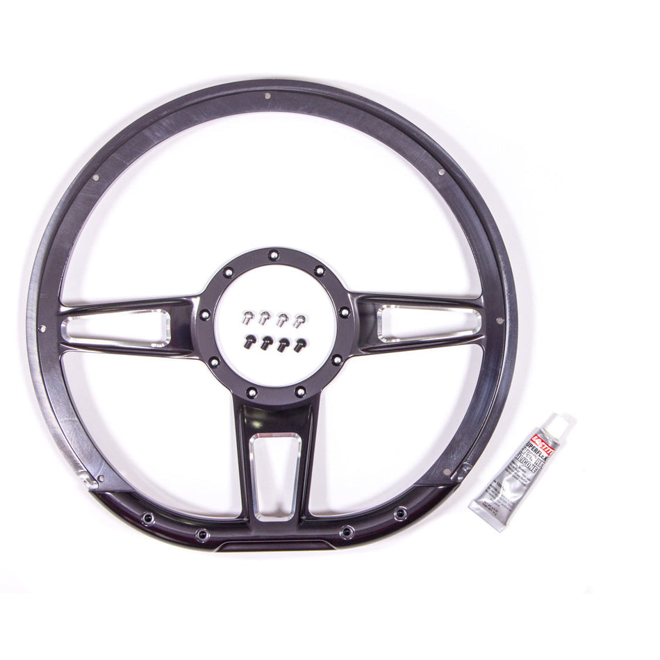 Billet Specialties Formula Steering Wheel - 14 in Diameter - D-Shaped - 2 in Dish - 3-Spoke - Milled Finger Notches - Billet  - Black Anodized BC29409
