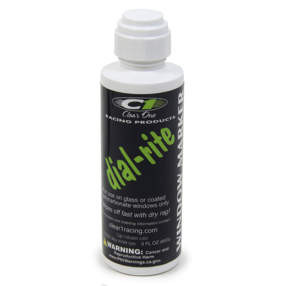 Clear 1 Racing Dial-Rite Dial-In Marker Window White Safe on Glass/Polycarbonate/Rubber - 3 oz Bottle/Applicator