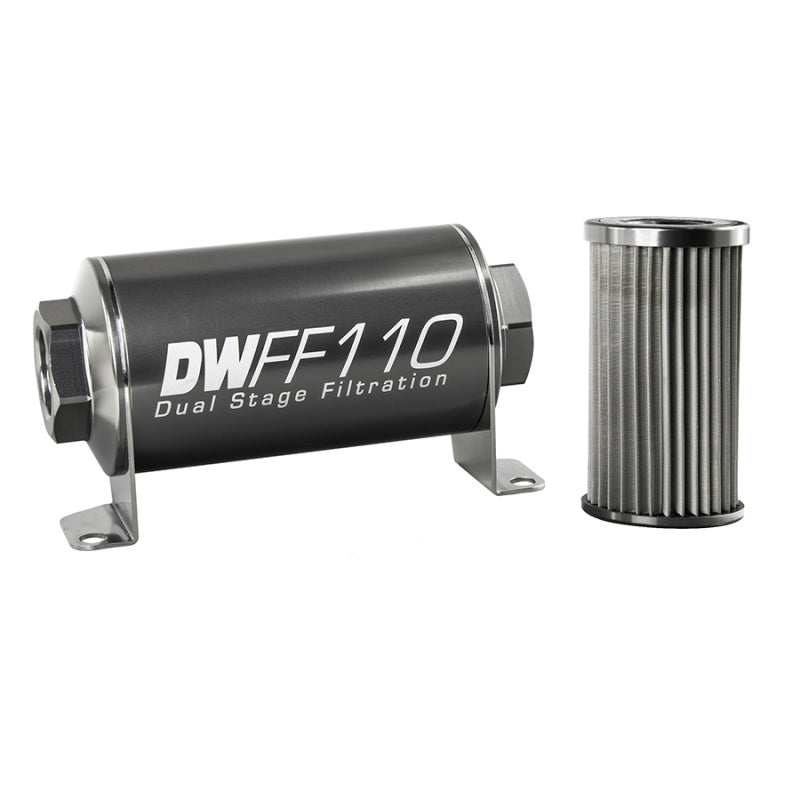 DeatschWerks In-Line 10 Micron Fuel Filter - Stainless Element - 10 AN Female O-Ring Inlet - 10 AN Female O-Ring Outlet - 110 mm Long - Titanium Anodized
