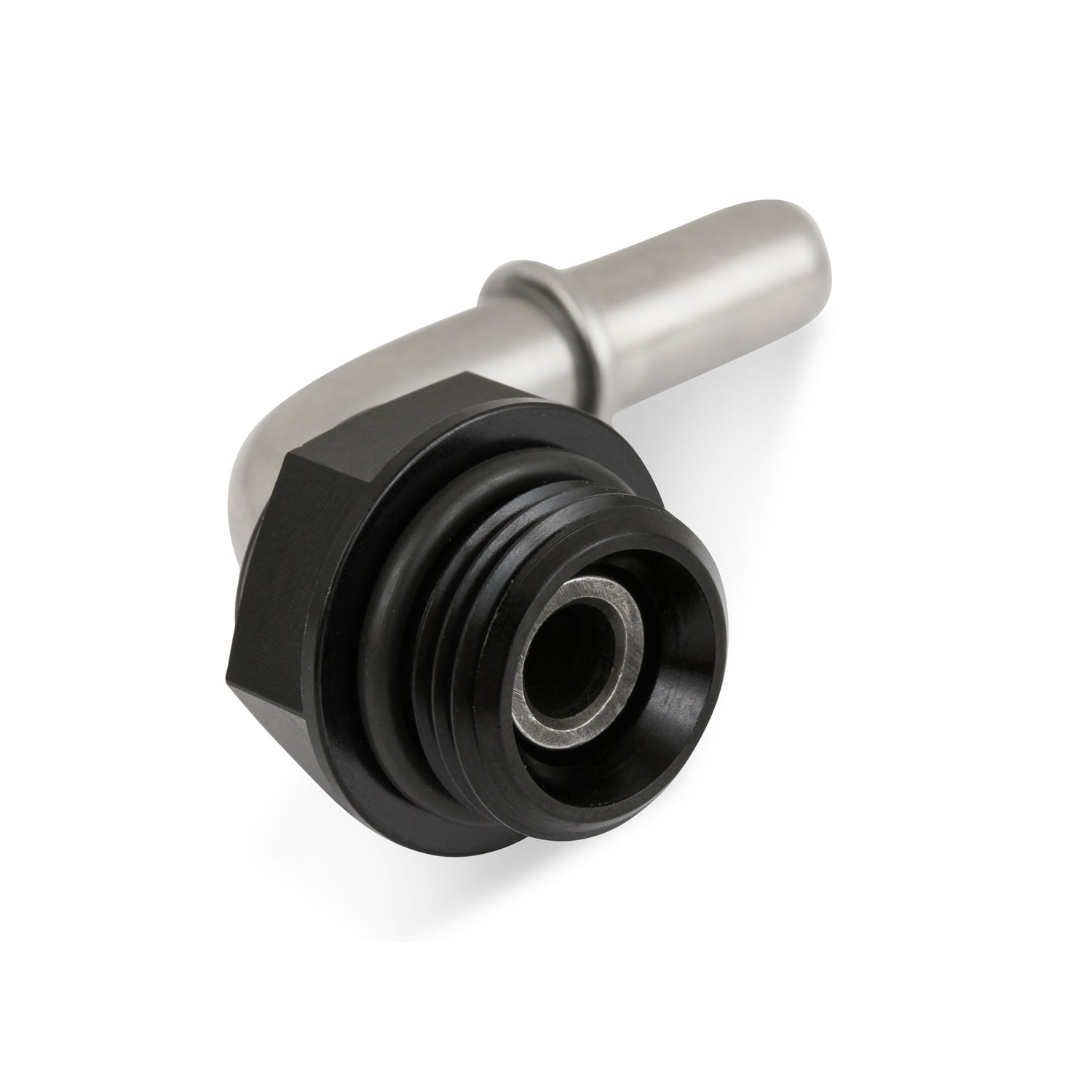Earl's Fuel Line Adapter Fitting - 90 Degree - 5/16" SAE Male Quick Disconnect to 8 AN ORB - Stainless - Aluminum - Black
