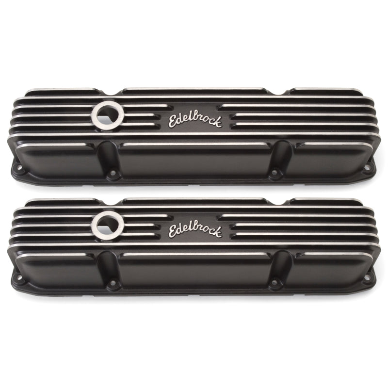 Edelbrock Classic Tall Valve Cover - Breather Hole - Edelbrock Logo - Black Powder Coat - Mopar B / RB-Series - Pair