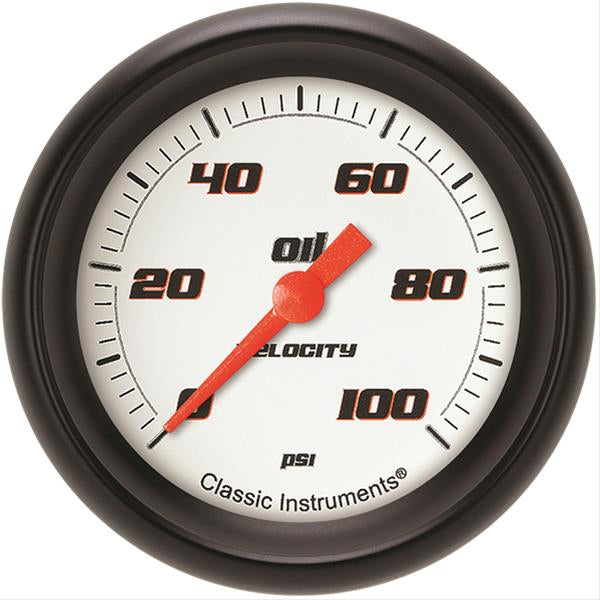 Classic Instruments Velocity Oil Pressure Gauge - 0-100 psi - Full Sweep - 2-5/8 in Diameter - Black Bezel - White Face