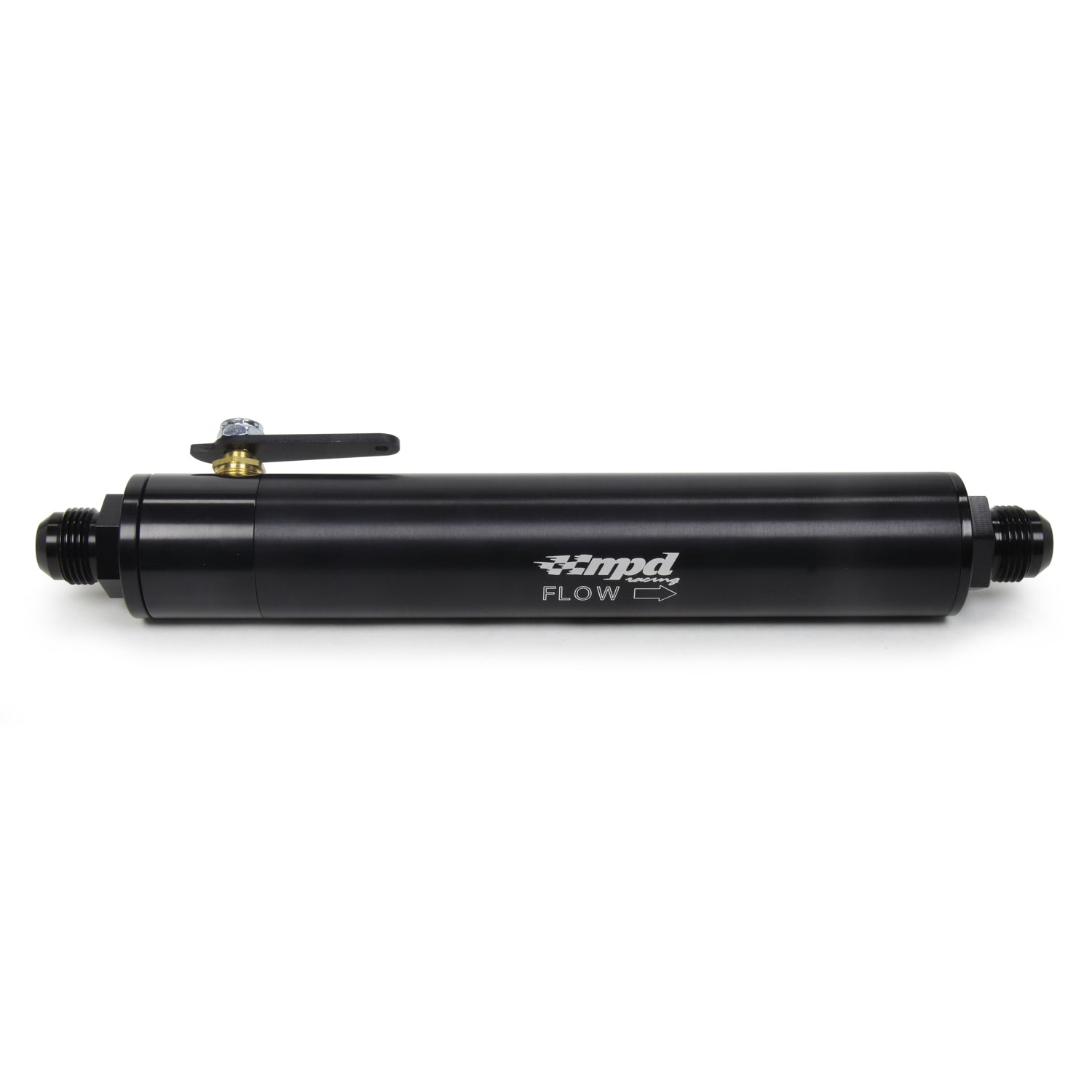 MPD Fuel Filter - 100 Micron - Stainless Element - 12 AN Male Inlet - 12 AN Male Outlet - Shut Off Valve - Aluminum - Black