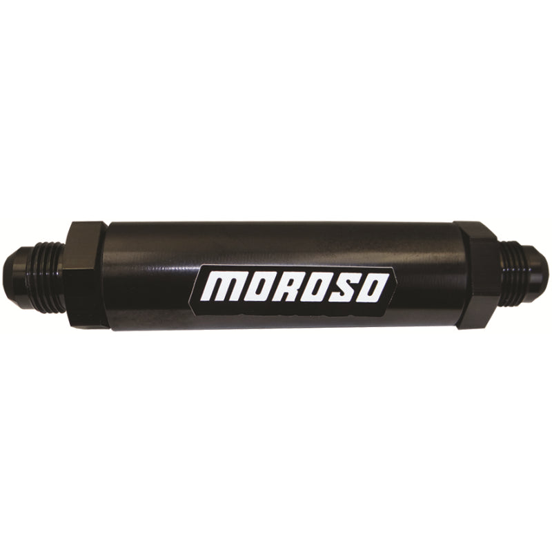 Moroso Fuel Filter - 40 Micron - Stainless Element - 10 AN Male O-Ring Inlet - 10 AN Male O-Ring Outlet - Aluminum - Black