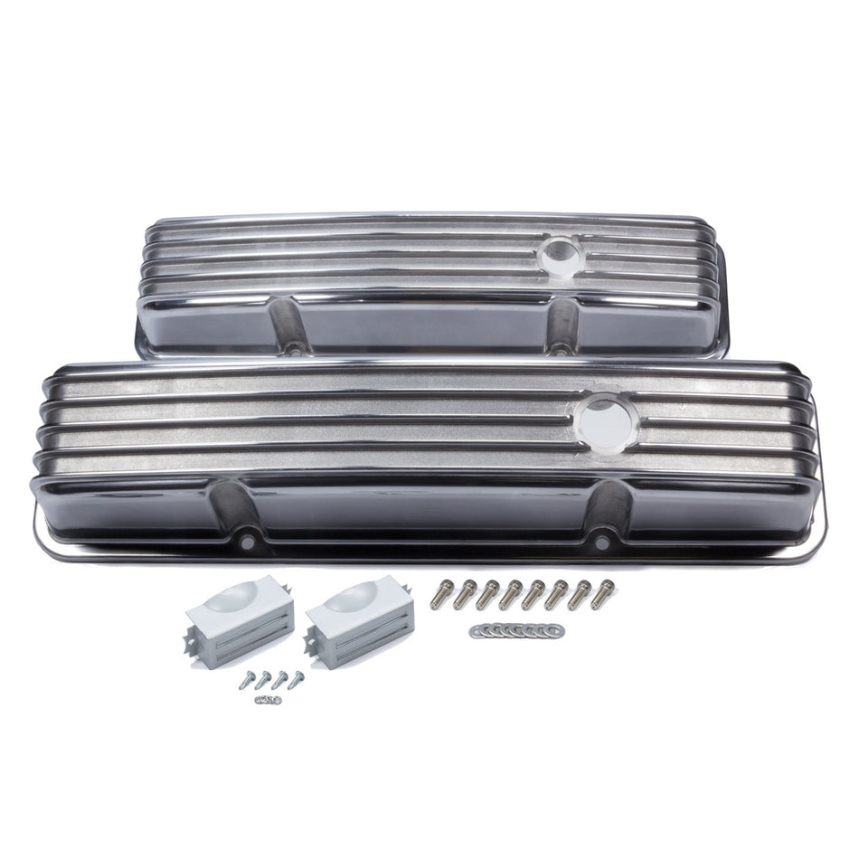 Mr. Gasket Valve Cover - Stock Height - Breather Holes - Finned - Polished - Small Block Chevy - Pair