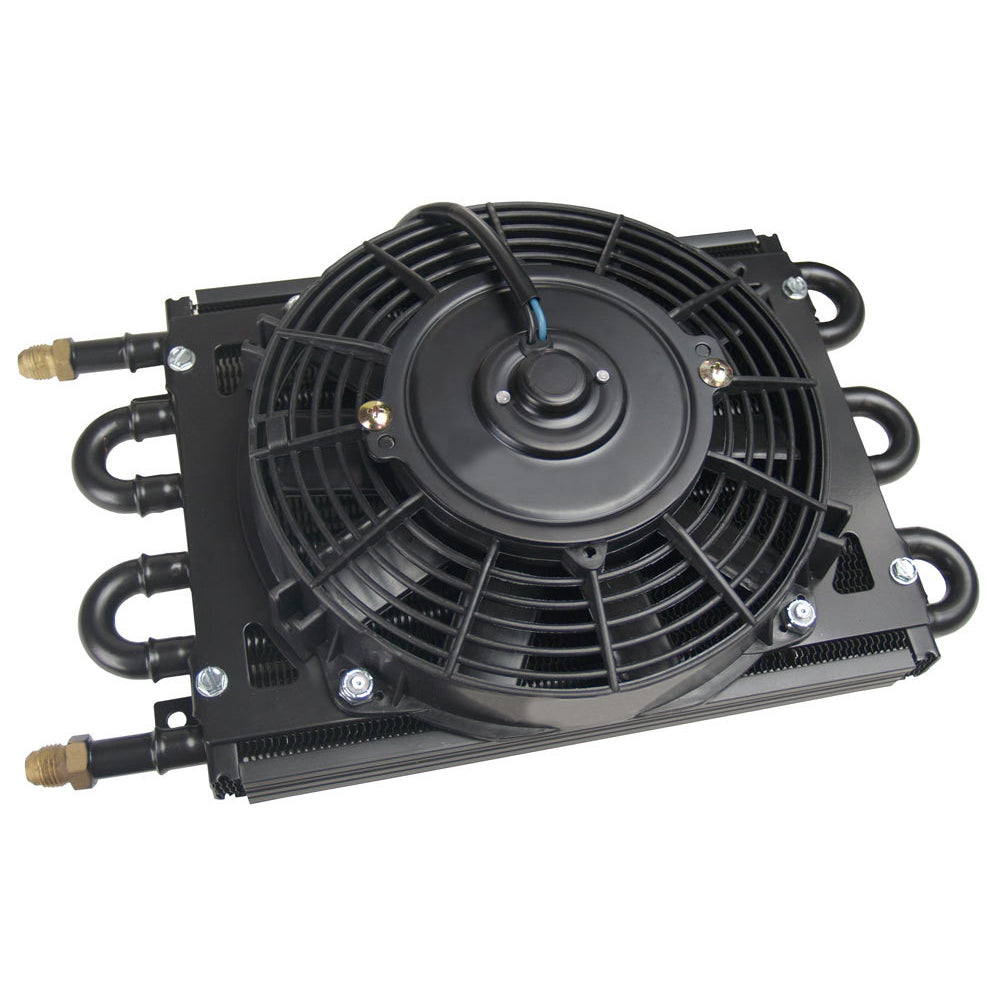 Derale Dyno-Cool Oil Cooler and Fan - 13.625 x 7.625 x 3.625 in - Tube Type - 6 AN Male Inlet/Outlet - Black