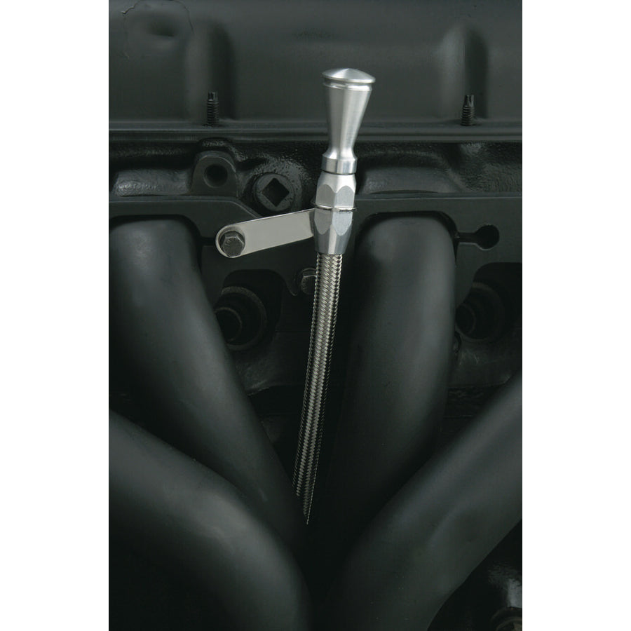 Lokar Pan Mount Engine Oil Dipstick - Braided Stainless Housing - Clear Anodized - Big Block Chevy ED-5003