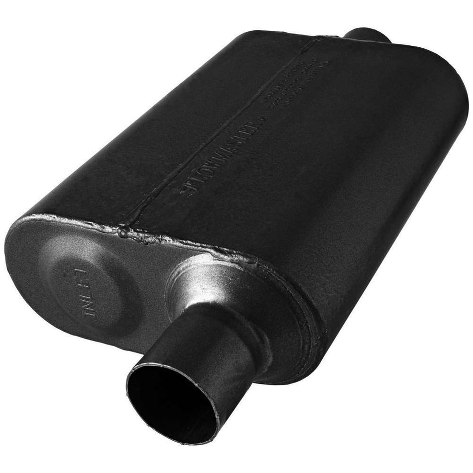 Flowmaster 40 Series Chambered Muffler - 2-1/4 in Offset Inlet - 2-1/4 in Center Outlet - 13 x 9-3/4 x 4 in Oval Body - 19 in Long - Black Paint - Universal 8042441