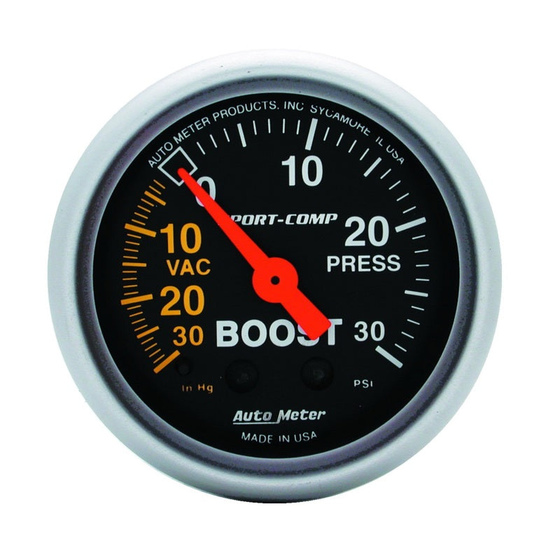 Auto Meter Sport-Comp 30 in HG-30 psi Boost / Vacuum Gauge - Mechanical - Analog - 2-1/16 in Diameter - Black Face