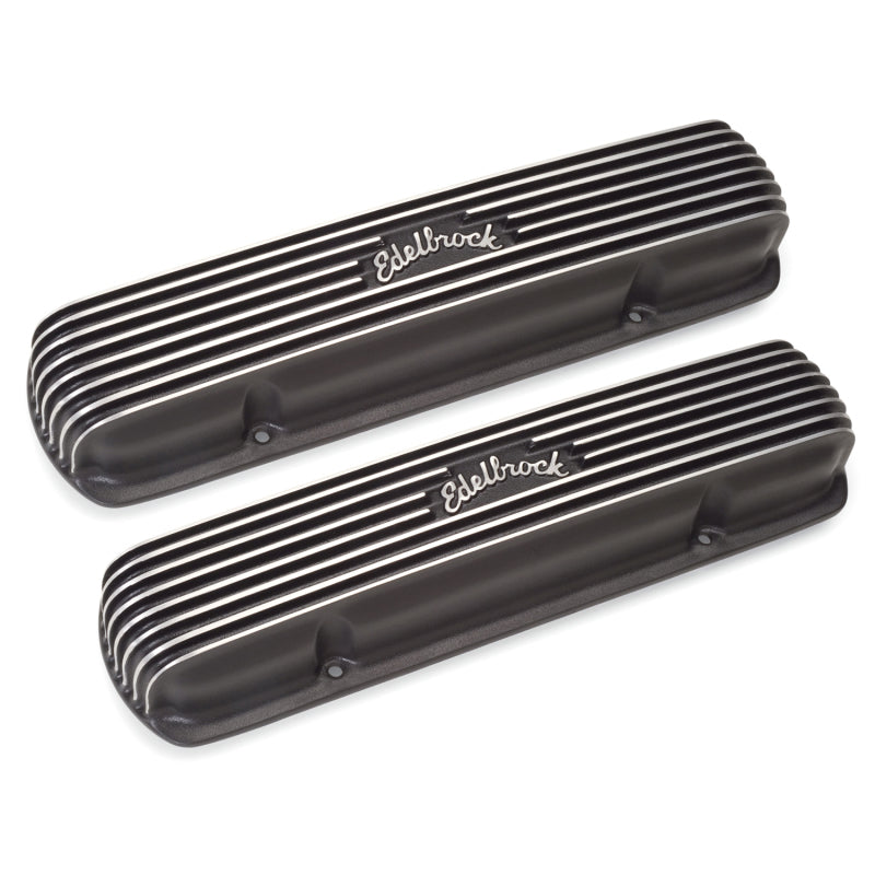 Edelbrock Classic Short Valve Cover - Edelbrock Logo - Black Powder Coat - Pontiac V8 - Pair