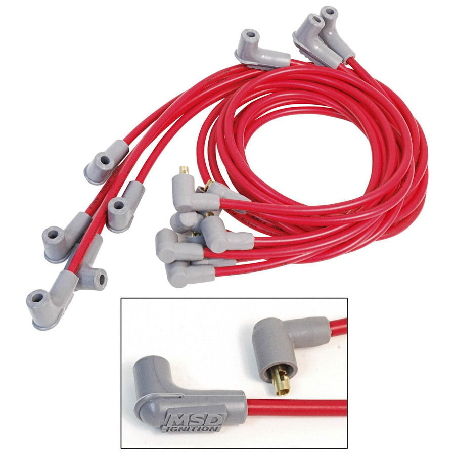 MSD Race Tailored Super Conductor Spark Plug Wire Set - (Red) - Fits All BB Chevy w/ Socket Style Distributor Cap w/ Wires Below Exhaust Manifolds, Headers - 90° Socket Distributor Boots & Terminals, 90° Spark Plug Boots & Terminals