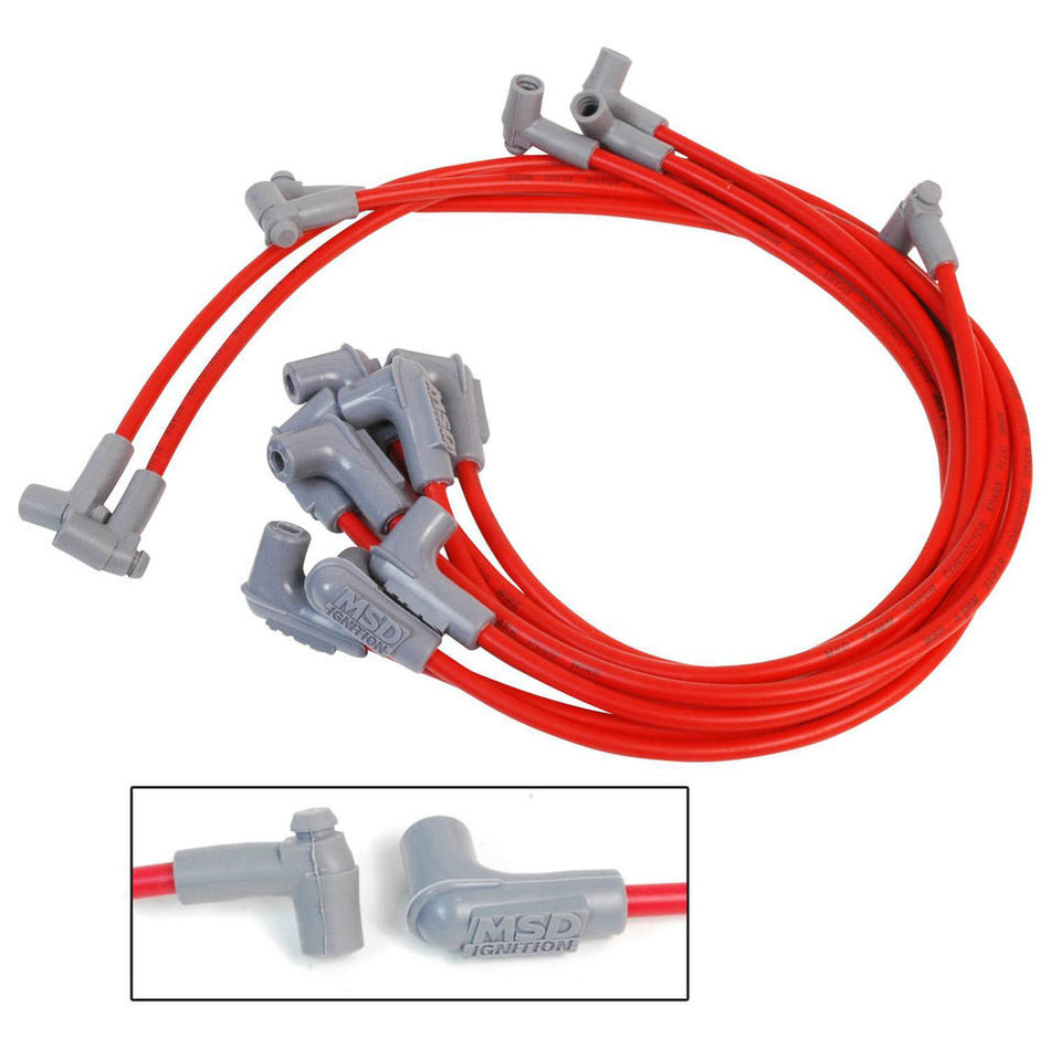 MSD Universal Super Conductor Spark Plug Wire Set - (Red) - Fits 8 Cylinder Engines w/ "HEI" Type Distributor Caps, 90 Spark Plug Boots & Terminals, 90 Distributor Socket Boots & Terminals