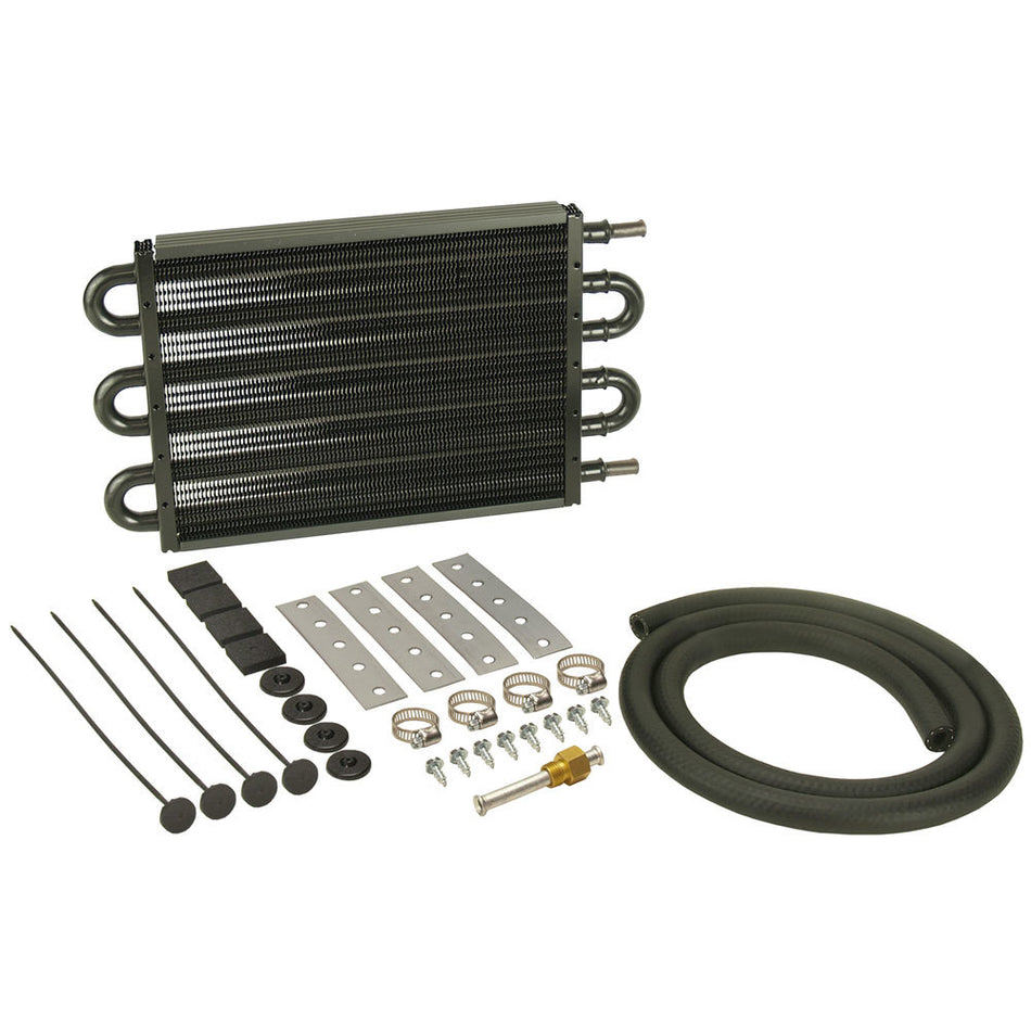 Derale Tube Type Fluid Cooler - 12.75 x 7.625 x 0.75 in - 11/32 in Hose Barb Inlet / Outlet - Fitting / Hardware / Hose - Aluminum / Copper - Black Powder Coat - Automatic Transmission 13106