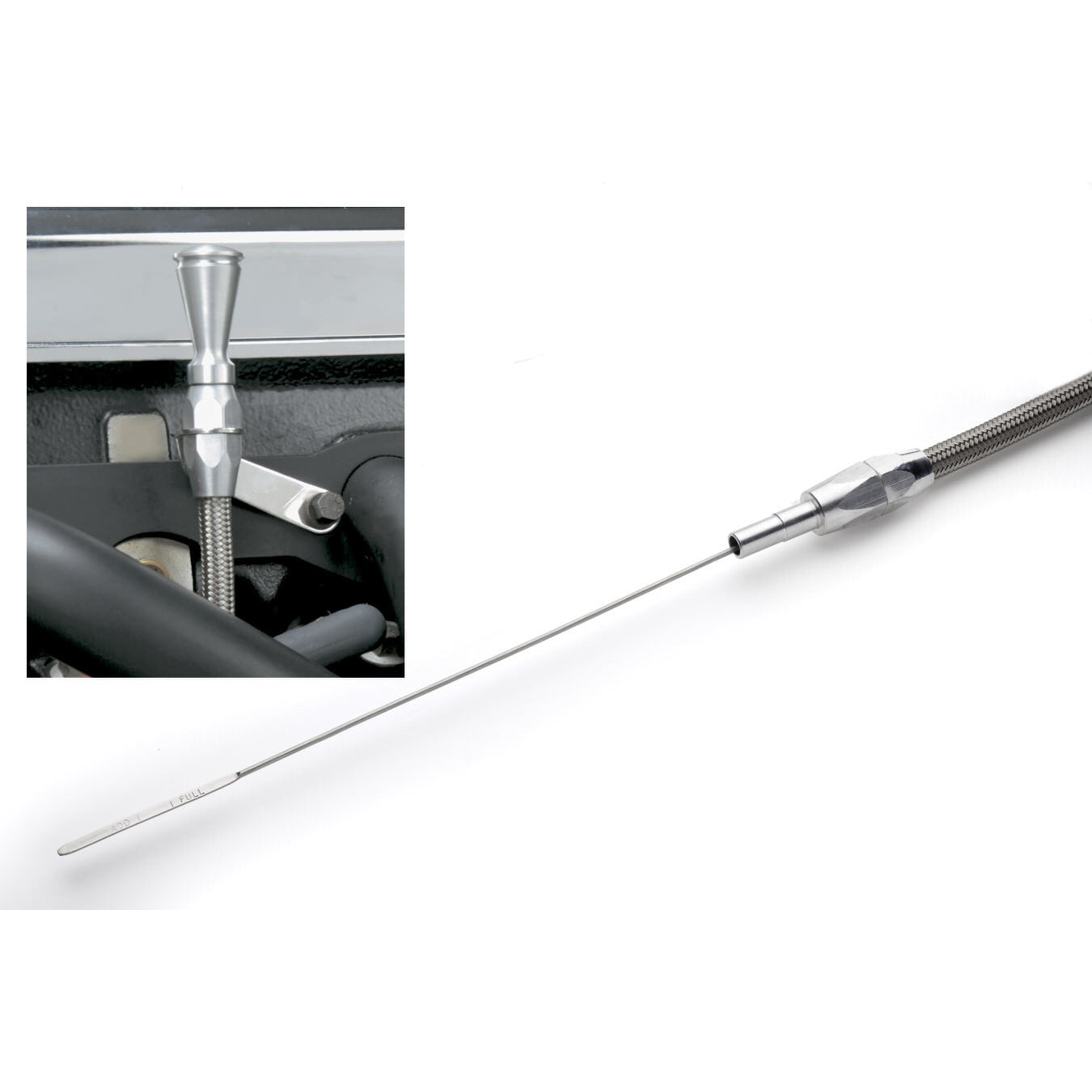 Lokar Engine Oil Dipstick - Block Mount - Braided Stainless Housing - Clear Anodize - Ford FE-Series