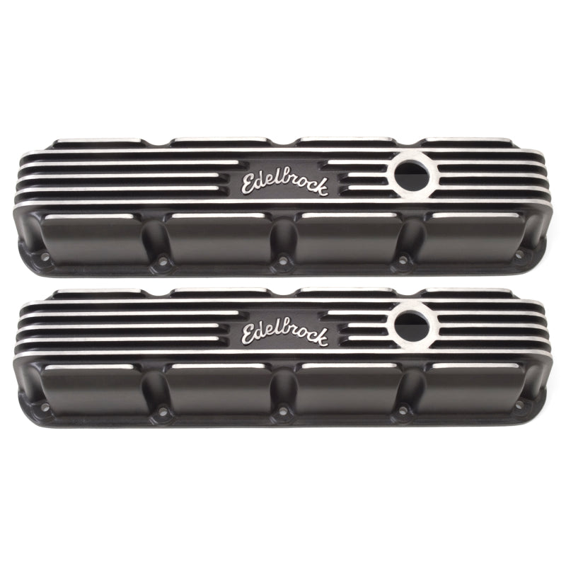 Edelbrock Classic Tall Valve Cover - Breather Hole - Edelbrock Logo - Black Powder Coat - Small Block Mopar 41773 - Pair