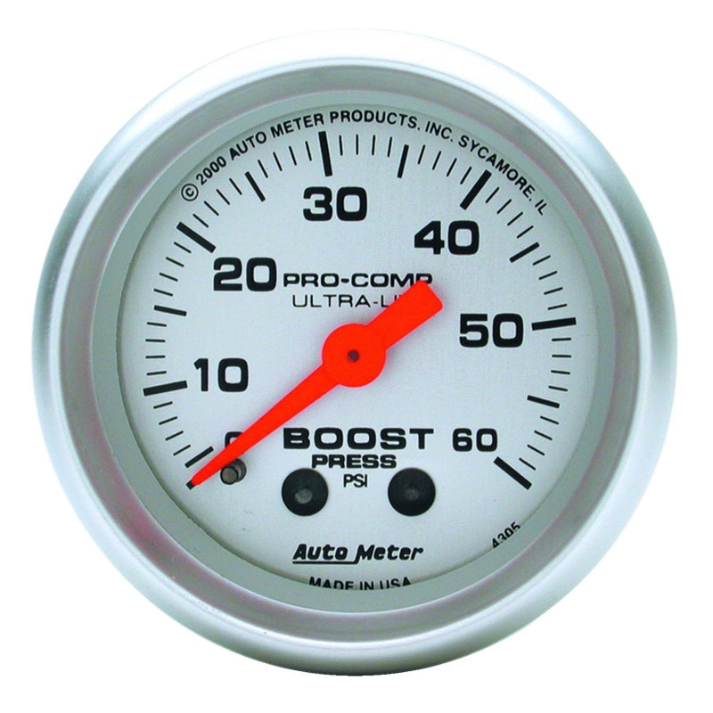 Auto Meter Ultra-Lite 0-60 psi Boost Gauge - Mechanical - Analog - 2-1/16 in Diameter - Silver Face