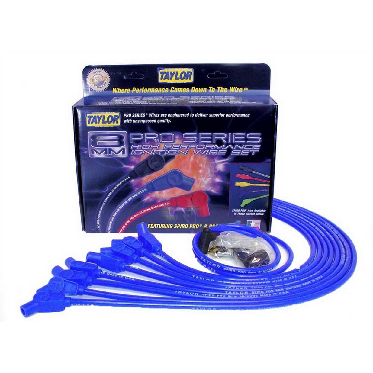 Taylor 8mm Spiro-Pro Wire Set - Blue - 135 Plug Boots - HEI Distributor Boots - BB Chevy, Over Valve Covers