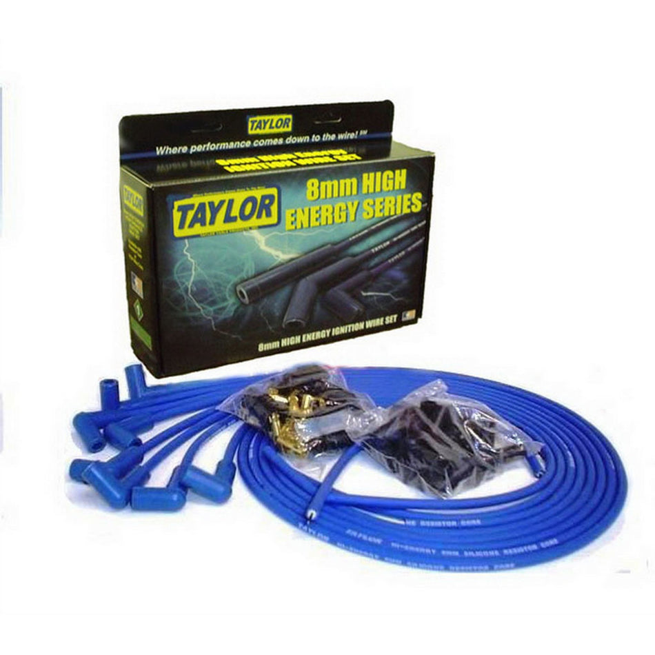 Taylor High Energy Spiral Core 8 mm Spark Plug Wire Set - Blue - 90 Degree Plug Boots - HEi / Socket Style - Cut-To-Fit - V8
