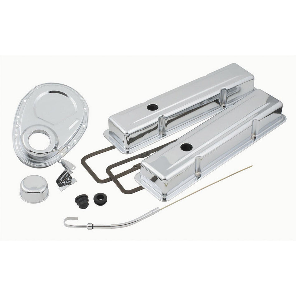 Mr. Gasket Chrome Dress-Up Kit - Includes 2 Short Valve Covers / Push-On Timing Chain Cover and Tab / Dipstick and Tube / Grommets / Gaskets
