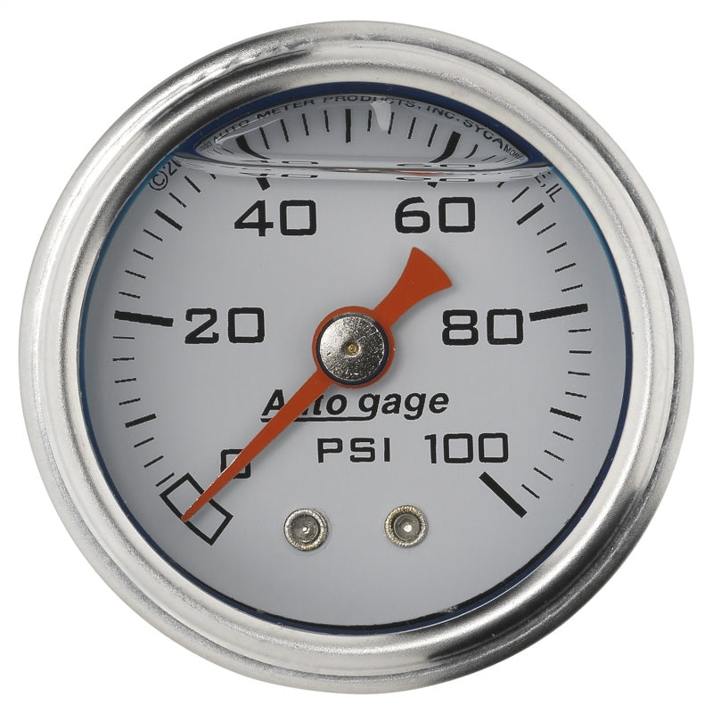 Auto Meter Auto Gage 0-100 psi Pressure Gauge - Mechanical - Analog - 1-1/2 in Diameter - Liquid Filled - 1/8 in NPT Port - White Face