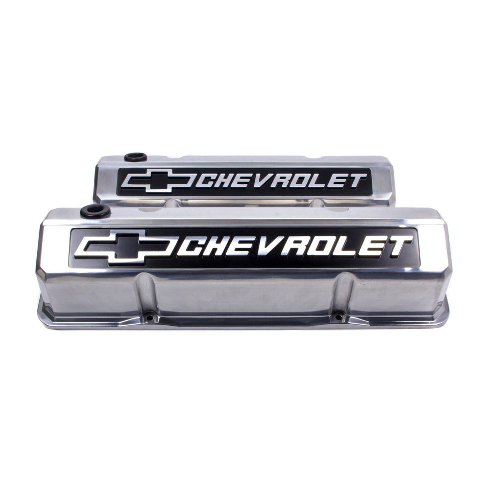Proform Slant-Edge Tall Valve Cover - Baffled - Breather Hole - Raised Chevrolet Bowtie Logo - Polished - Small Block Chevy - Pair