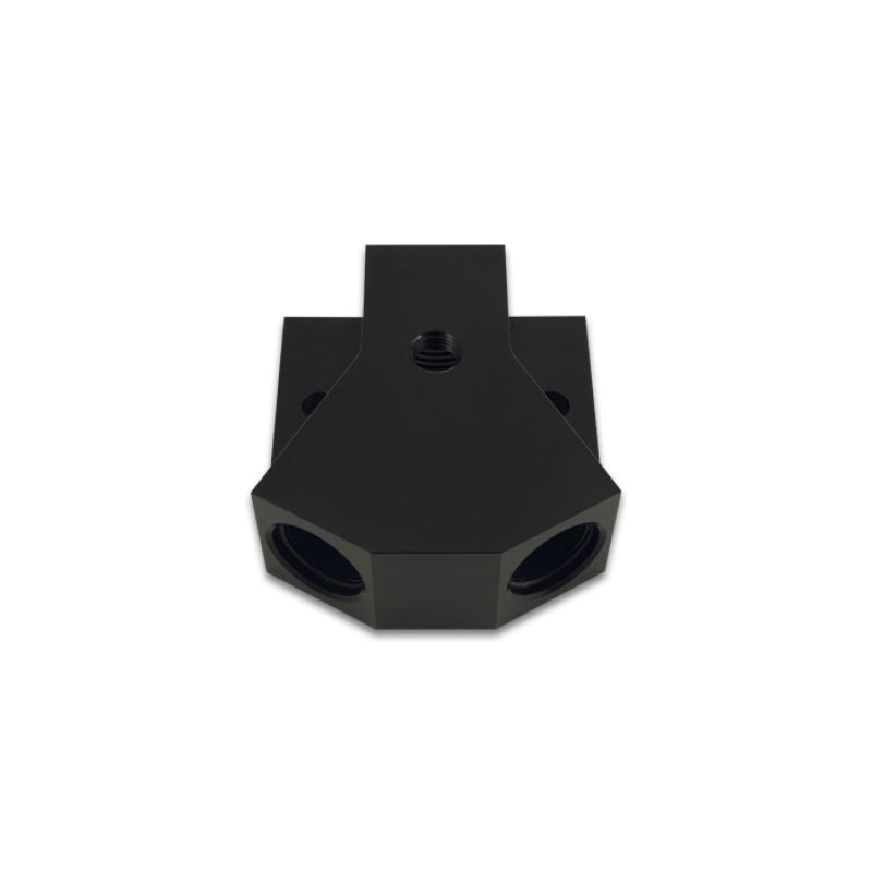 Vibrant Performance Y Block - 10 AN Female Inlet - Dual 10 AN Female Outlets - 1/8 in NPT Female Port - Black