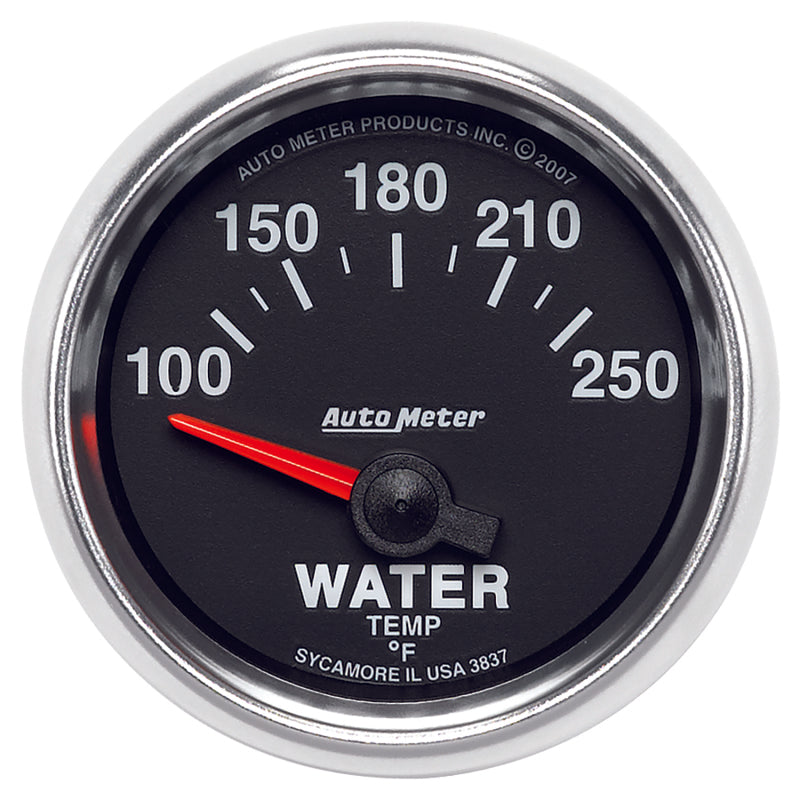Auto Meter GS 100-250 Degree F Water Temperature Gauge - Electric - Analog - Short Sweep - 2-1/16 in Diameter - Black Face