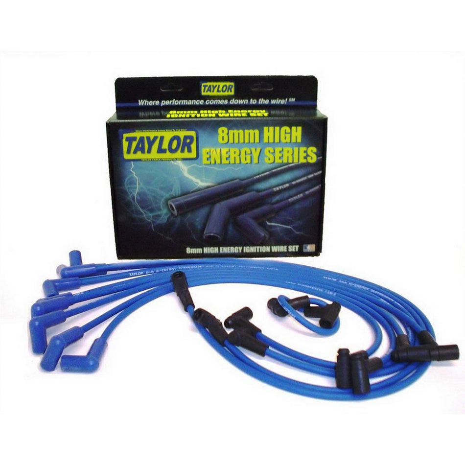 Taylor High Energy Spiral Core 8 mm Spark Plug Wire Set - Blue - 90 Degree Plug Boots - HEI Style Terminal - Small Block Chevy