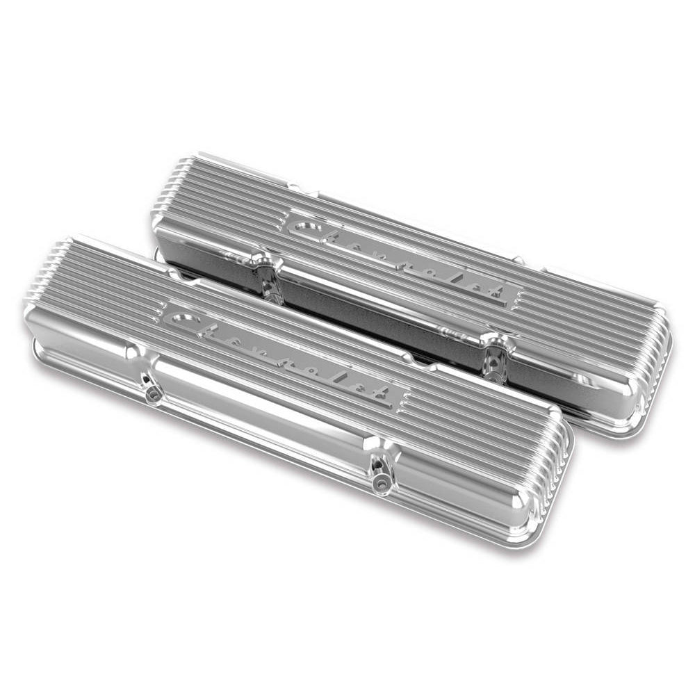 Holley Vintage Series Tall Valve Cover - Finned - Chevy Logo - Polished - Small Block Chevy - Pair