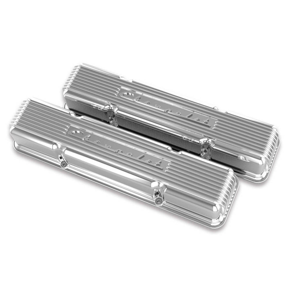 Holley Vintage Series Tall Valve Cover - Finned - Chevy Logo - Polished - Small Block Chevy - Pair