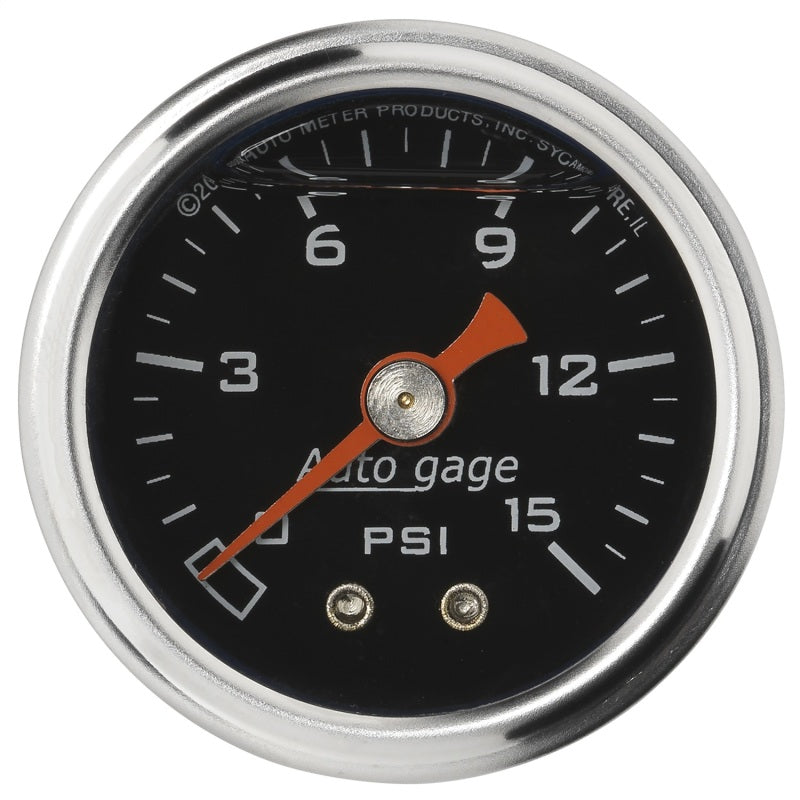 Auto Meter Auto Gage 0-15 psi Pressure Gauge - Mechanical - Analog - 1-1/2 in Diameter - Liquid Filled - 1/8 in NPT Port - Black Face