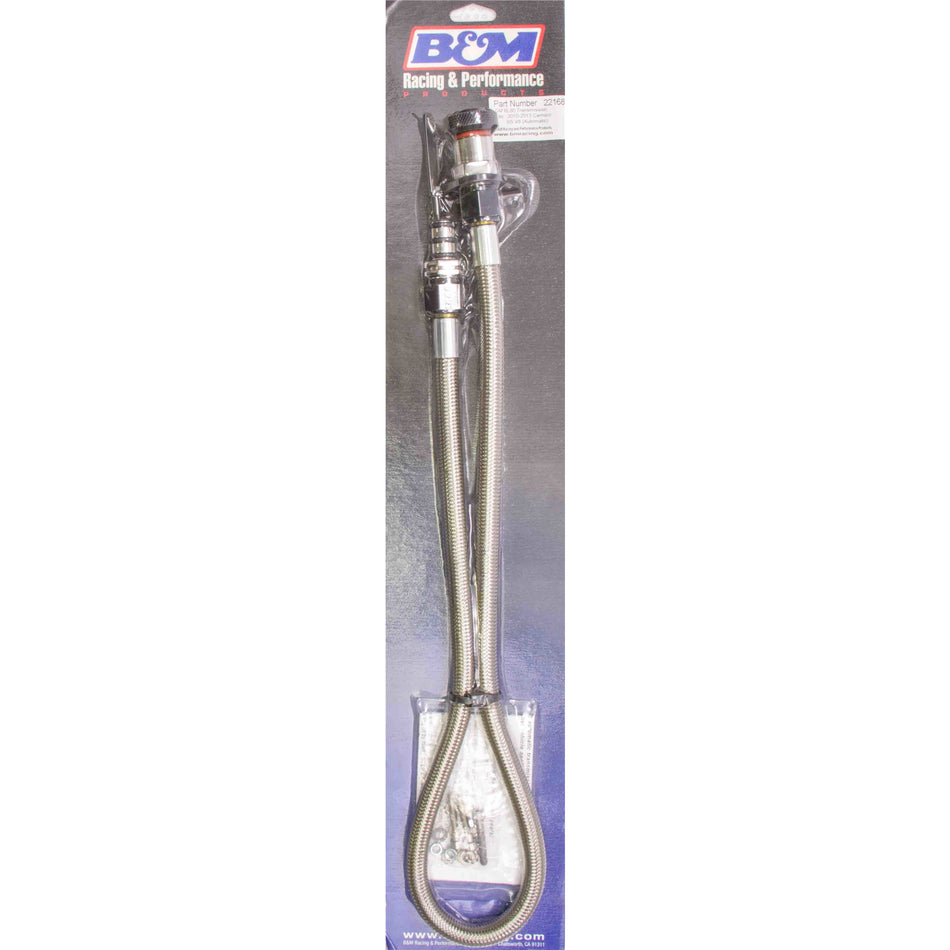 B&M Firewall Mount Transmission Dipstick Braided Stainless Aluminum Black Anodize/Natural - 6L80E
