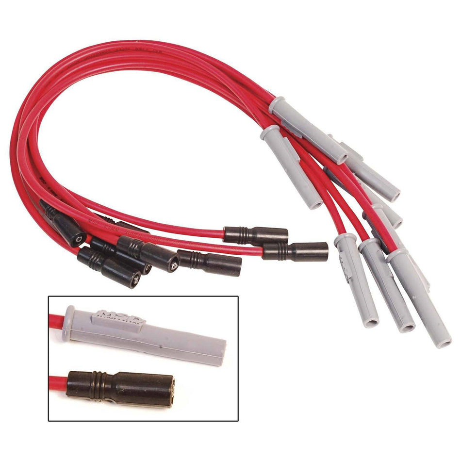 MSD Super Conductor Spiral Core 8.5 mm Spark Plug Wire Set - Red - Straight Plug Boots - Socket Style - Big Block Chevy 32109