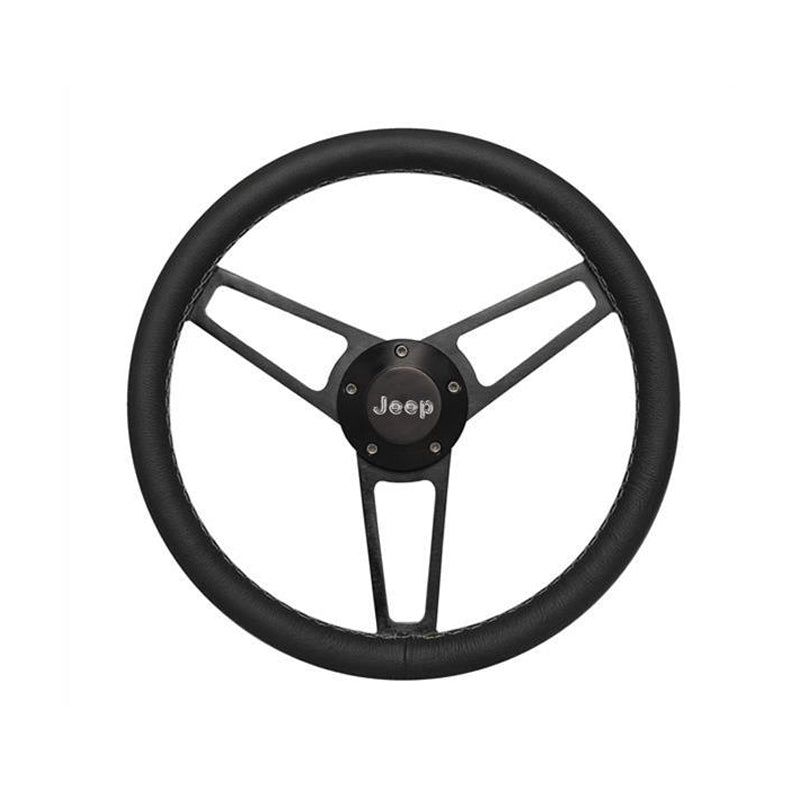 Grant Billet Series Steering Wheel -14-3/4" Diameter - 3 Spoke - Black Leather Grip - Jeep Logo - Billet Aluminum - Black Anodized