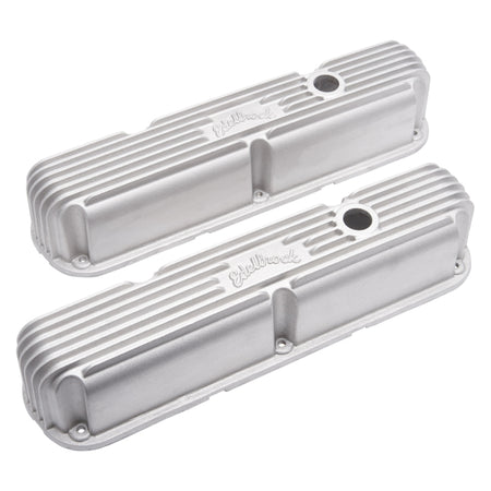 Edelbrock Classic Valve Covers Short Breather Hole Edelbrock Logo - Natural - Small Block Mopar