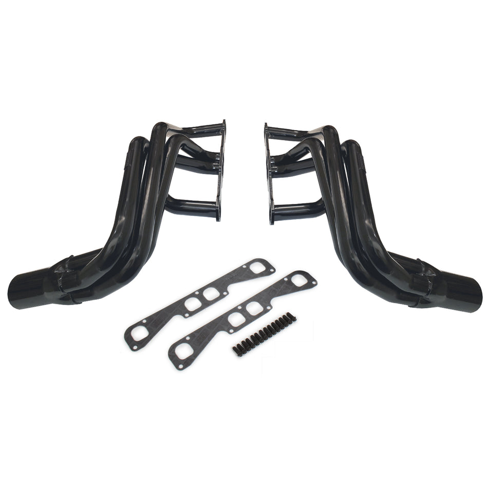 Schoenfeld Street Stock Headers - 1-7/8" Primary - 3-1/2" Collector - Spread Port - Steel - Black Paint - SB Chevy - GM A / F / G-Body