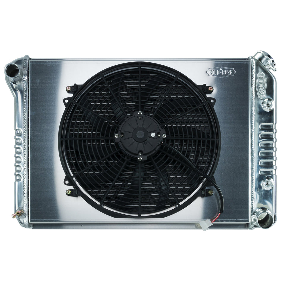 Cold-Case Aluminum Radiator and Fan - 28.35" W x 19" H x 3" D - Driver Side Inlet - Passenger Side Outlet - Polished - Automatic - GM X-Body 1968-79