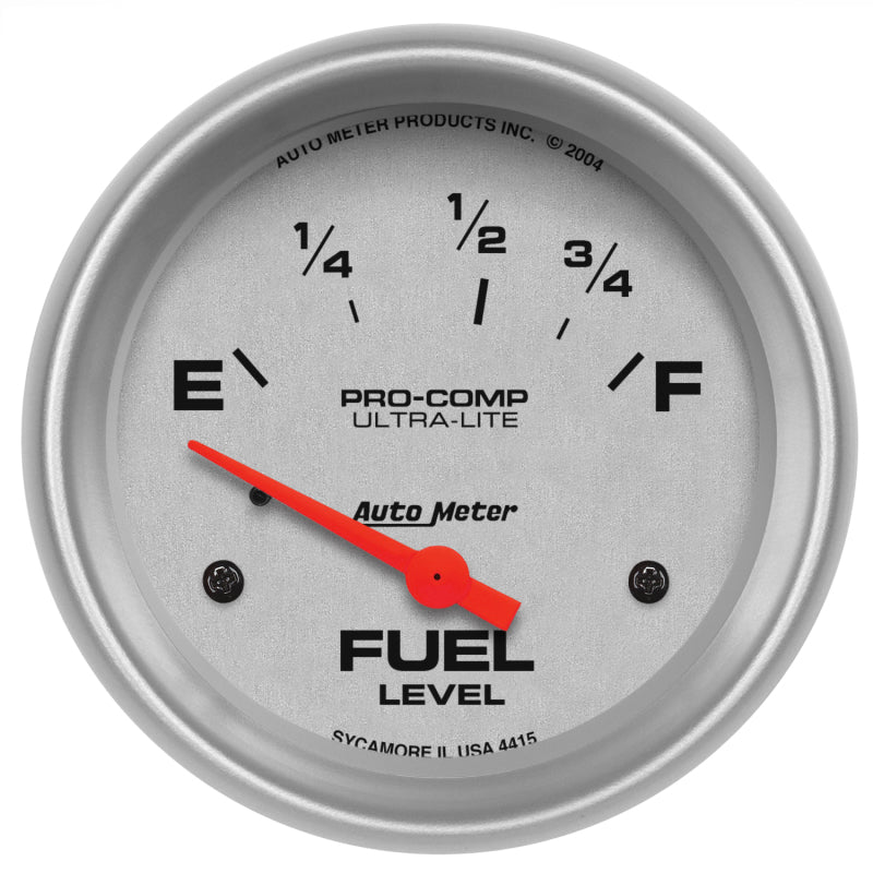 Auto Meter Ultra-Lite 73-10 ohm Fuel Level Gauge - Electric - Analog - Short Sweep - 2-5/8 in Diameter - Silver Face