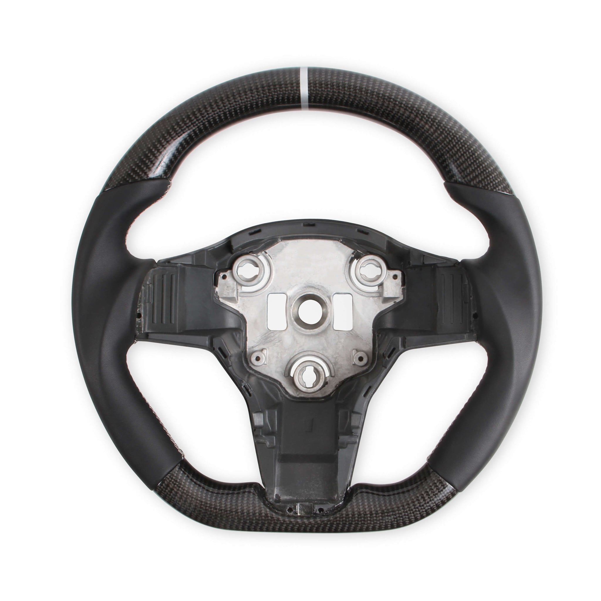 Rekudo 14 in Diameter Steering Wheel - D-Shaped - 3-Spoke - Carbon Fiber/Leather Grip - Black - Tesla 3/Y 2017-21