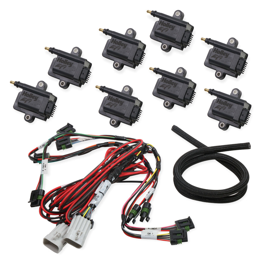 Holley EFI Ignition Coil - Coil-Near-Plug Smart Coil - E-Core - Male HEI - 44000V - Wiring Harness - Black (Set of 8)