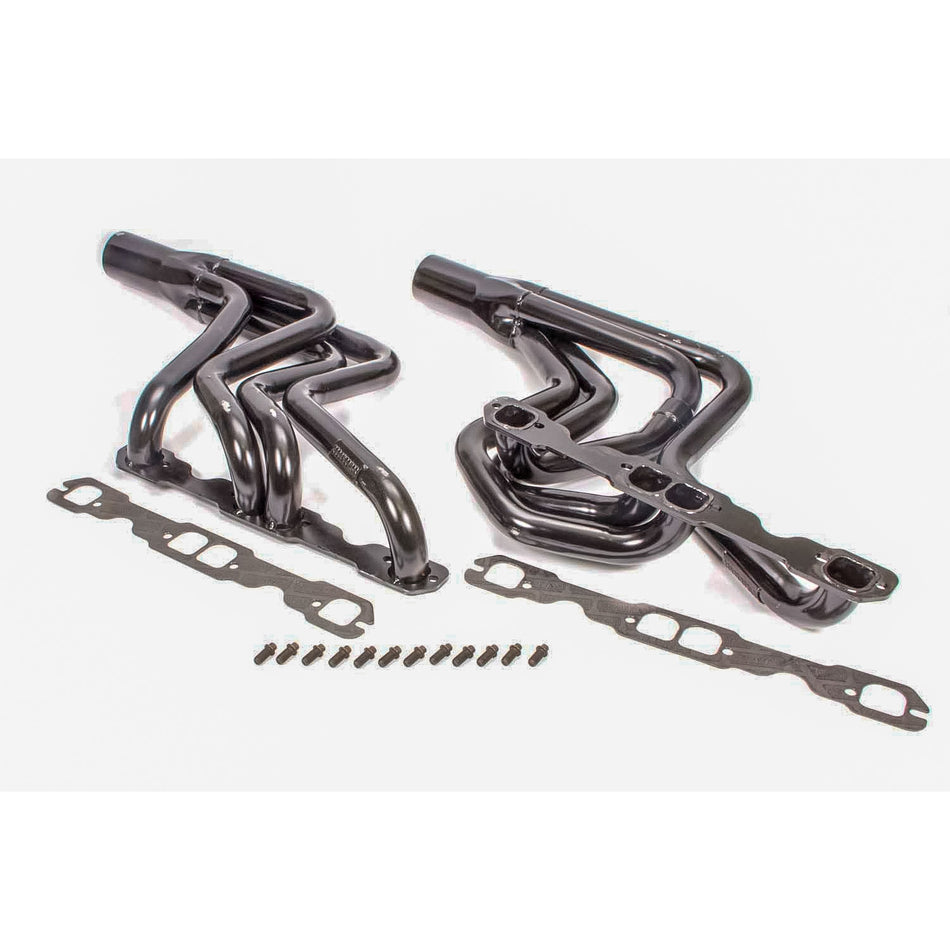 Schoenfeld Dirt Late Model Headers - 1-5/8 to 1-7/8" Primary - 3" Collector - Steel - Black Paint - SB Chevy