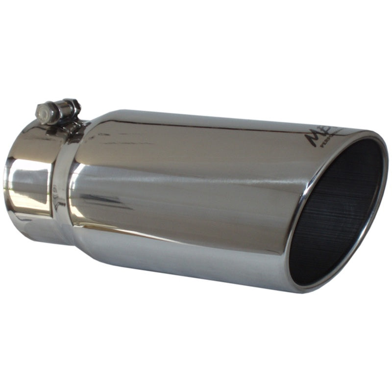 MBRP Pro Series Diesel Exhaust Tips - Clamp-On - 4" Inlet - 5" Round Outlet - 12" Long - Single Wall - Rolled Edge - Angled Cut - Stainless - Polished