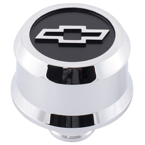 Proform Push-In Slant-Edge Breather - 1-1/4 in Hole - Raised Black / Chrome Bowtie Logo - Chrome