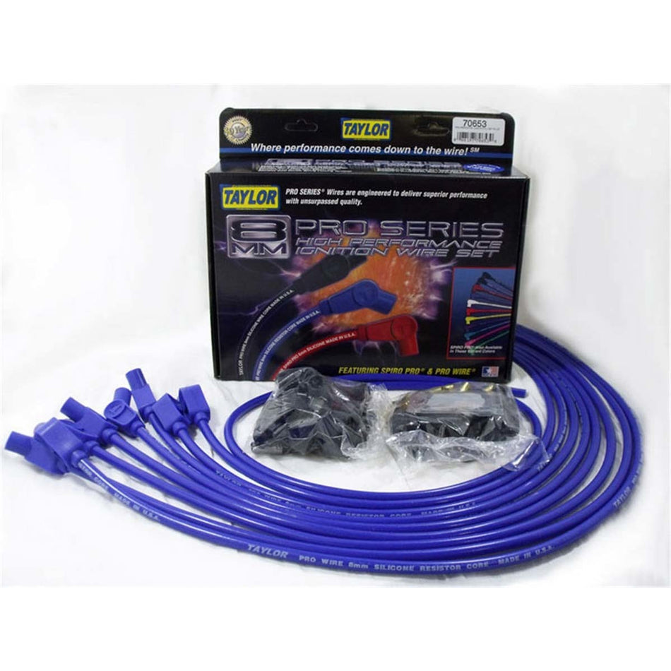 Taylor 8mm Pro Wires Universal Spark Plug Wire Set - Blue - Resistor Core Conductor - 135° Plug Boots - 8 Cylinder Applications